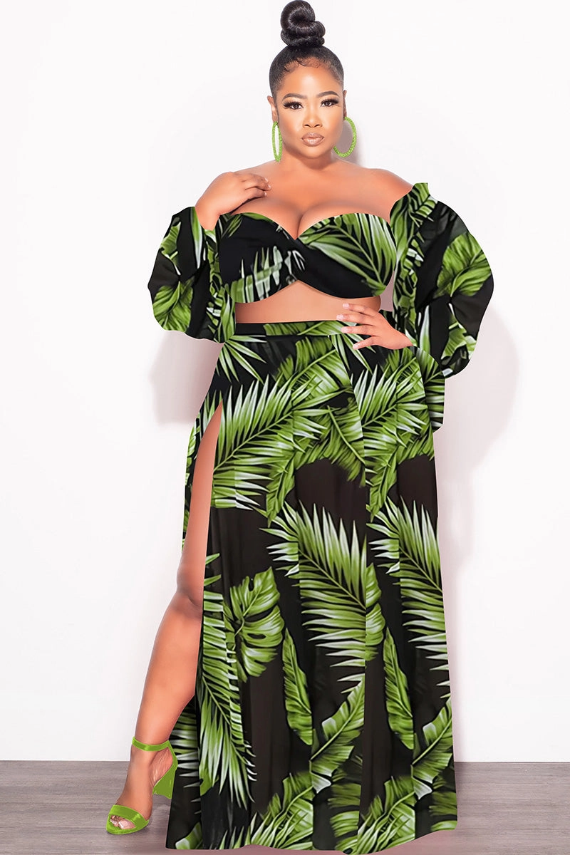 Final Sale Plus Size 3pc Playsuit Set in Navy with Olive Tropical Palm Print HighRiseWaistband