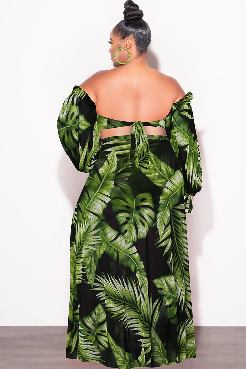 Day Comfort Breathable Weave Fabric Final Sale Plus Size 3pc Playsuit Set in Navy with Olive Tropical Palm Print