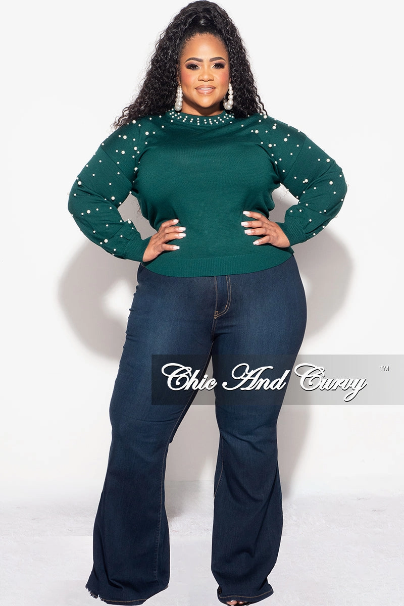 Trendy Layering Body Fit Final Sale Plus Size Green Sweater with Pearl Detailed Sleeves
