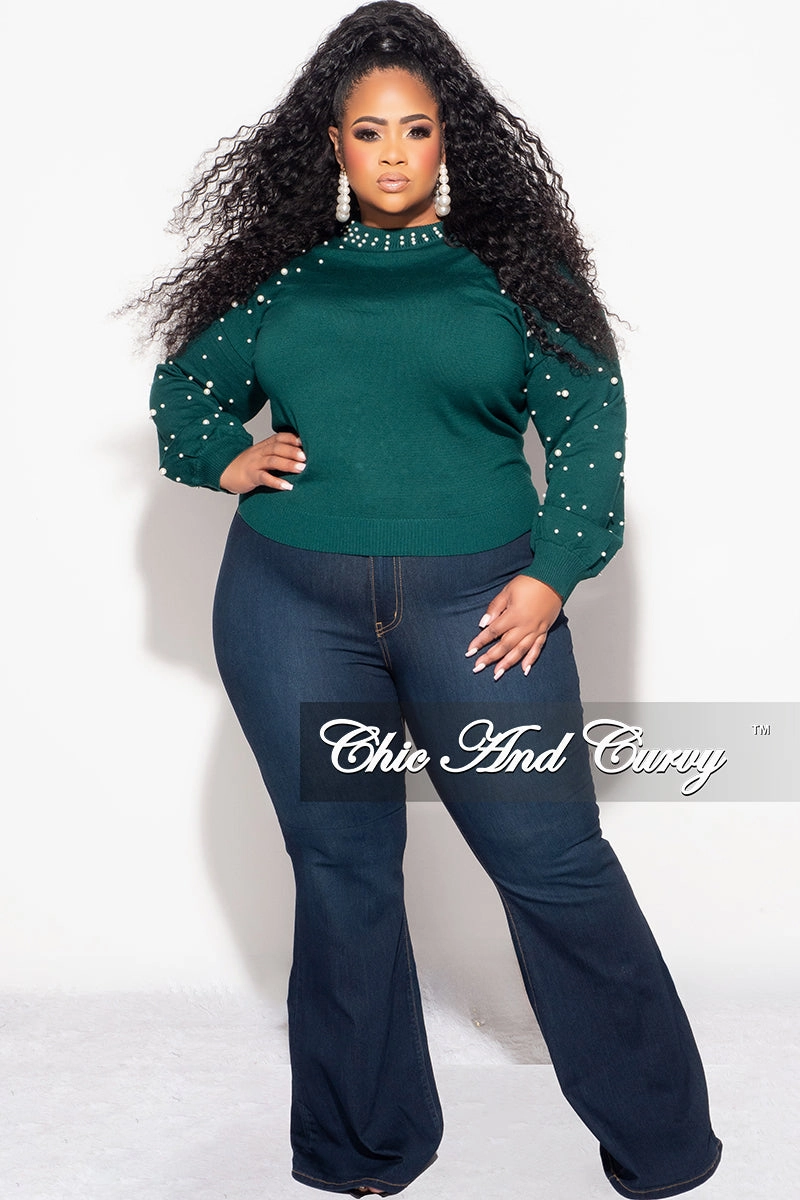 Final Sale Plus Size Green Sweater with Pearl Detailed Sleeves Fade Resistant Dye