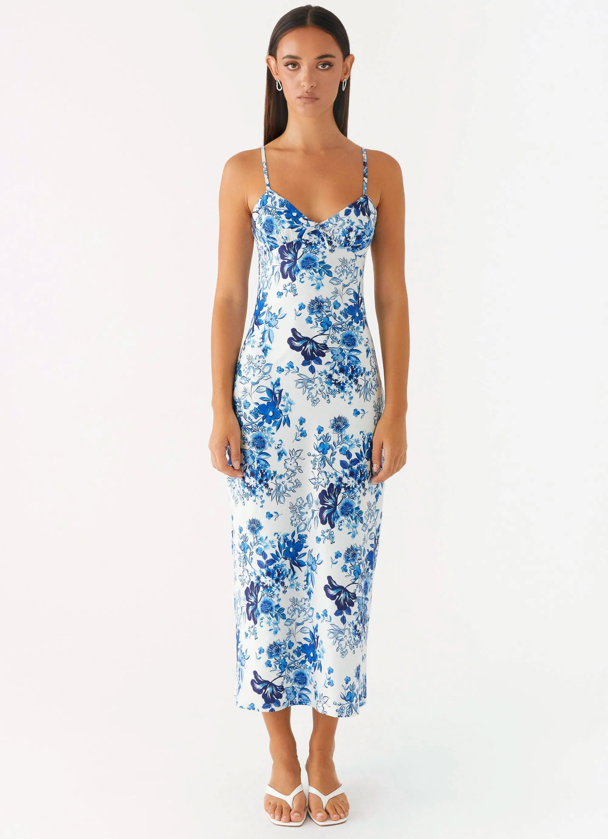 Take Chances Midi Dress - Serene Sky Floral Bright Colors Evening Glow