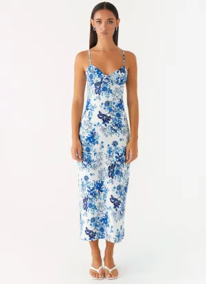 Take Chances Midi Dress - Serene Sky Floral Bright Colors Evening Glow