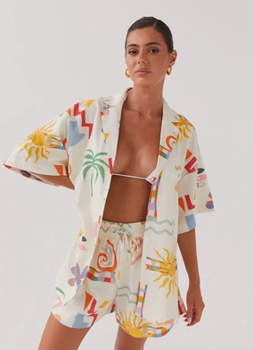 Tallulah Linen Oversized Shirt - Summer Palm Breathable Lining Four Way Stretch Material