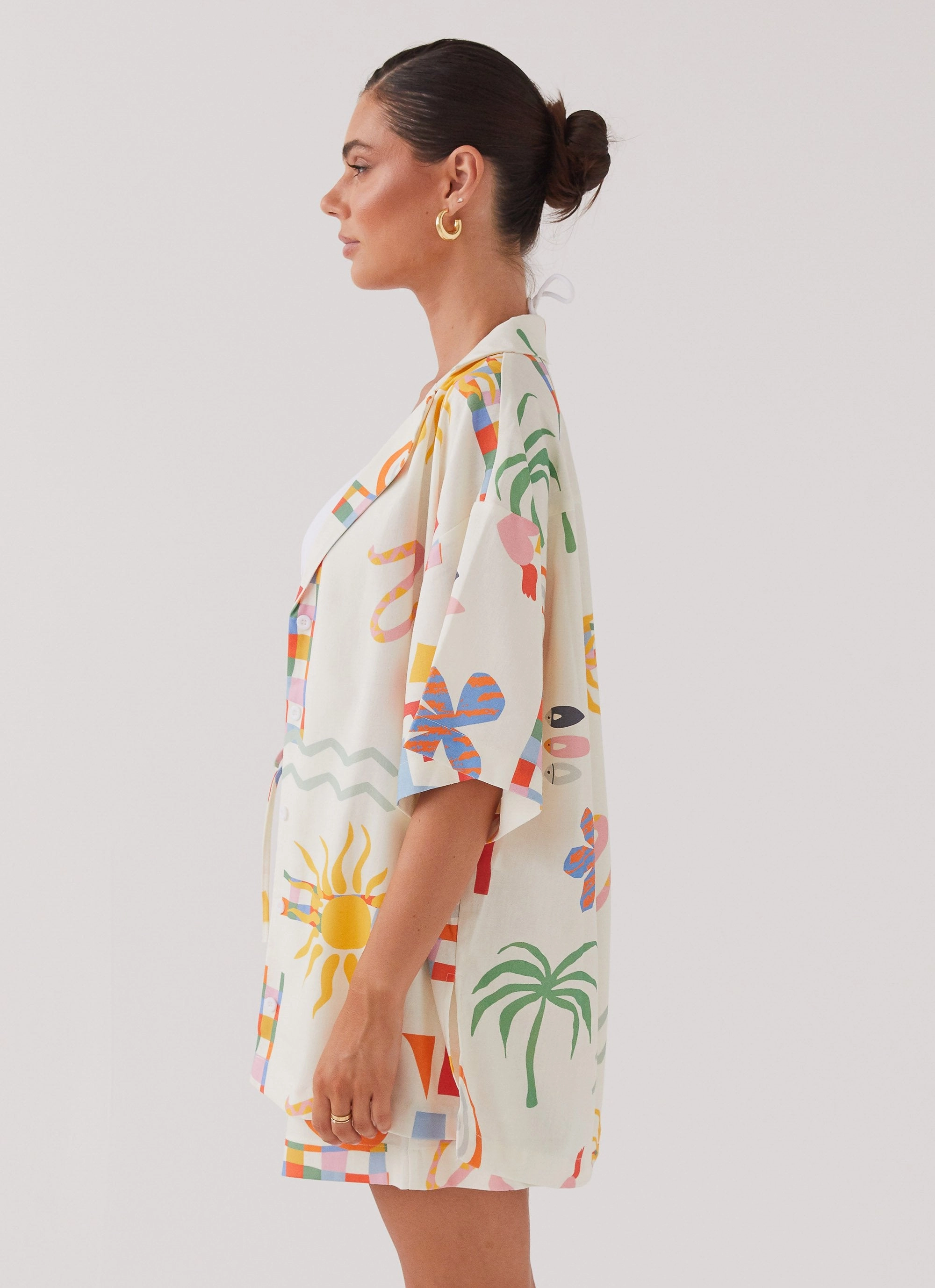 Tallulah Linen Oversized Shirt - Summer Palm All Season Compatibility RibbedKnitCollar