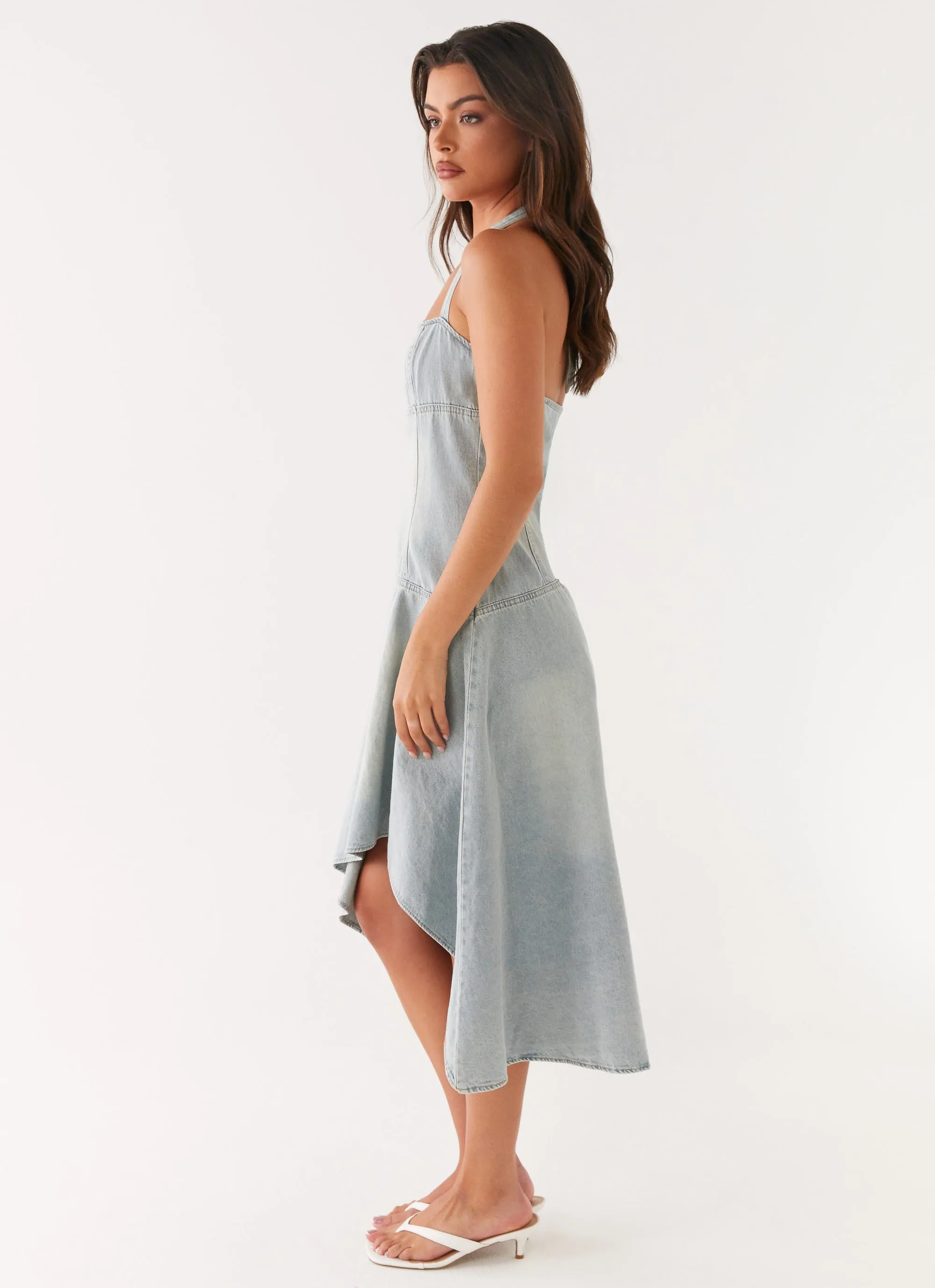 Hidden Pocket Tanisha Denim Midi Dress - Washed Blue
