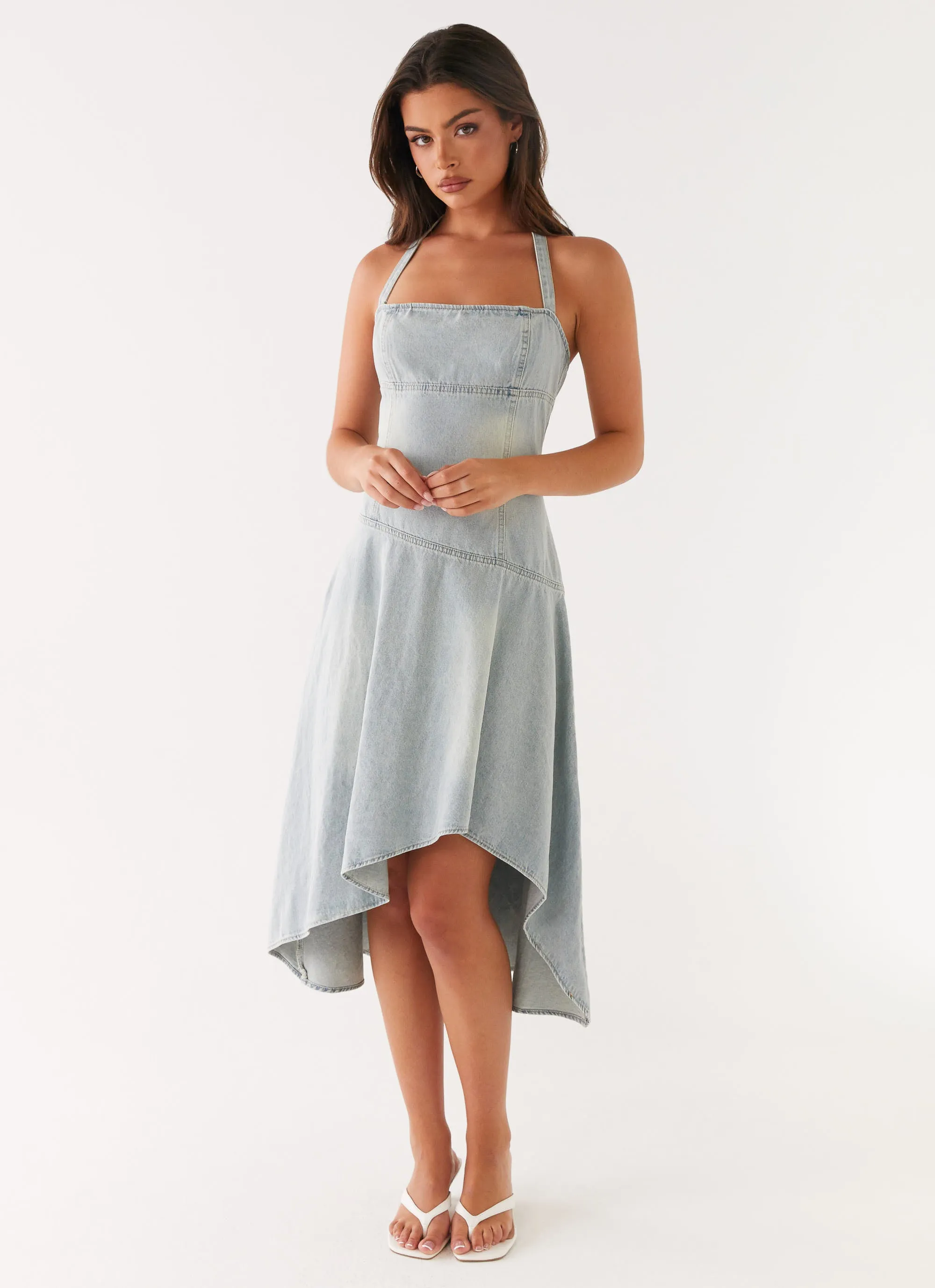 Casual Pick Simple Mood Tanisha Denim Midi Dress - Washed Blue