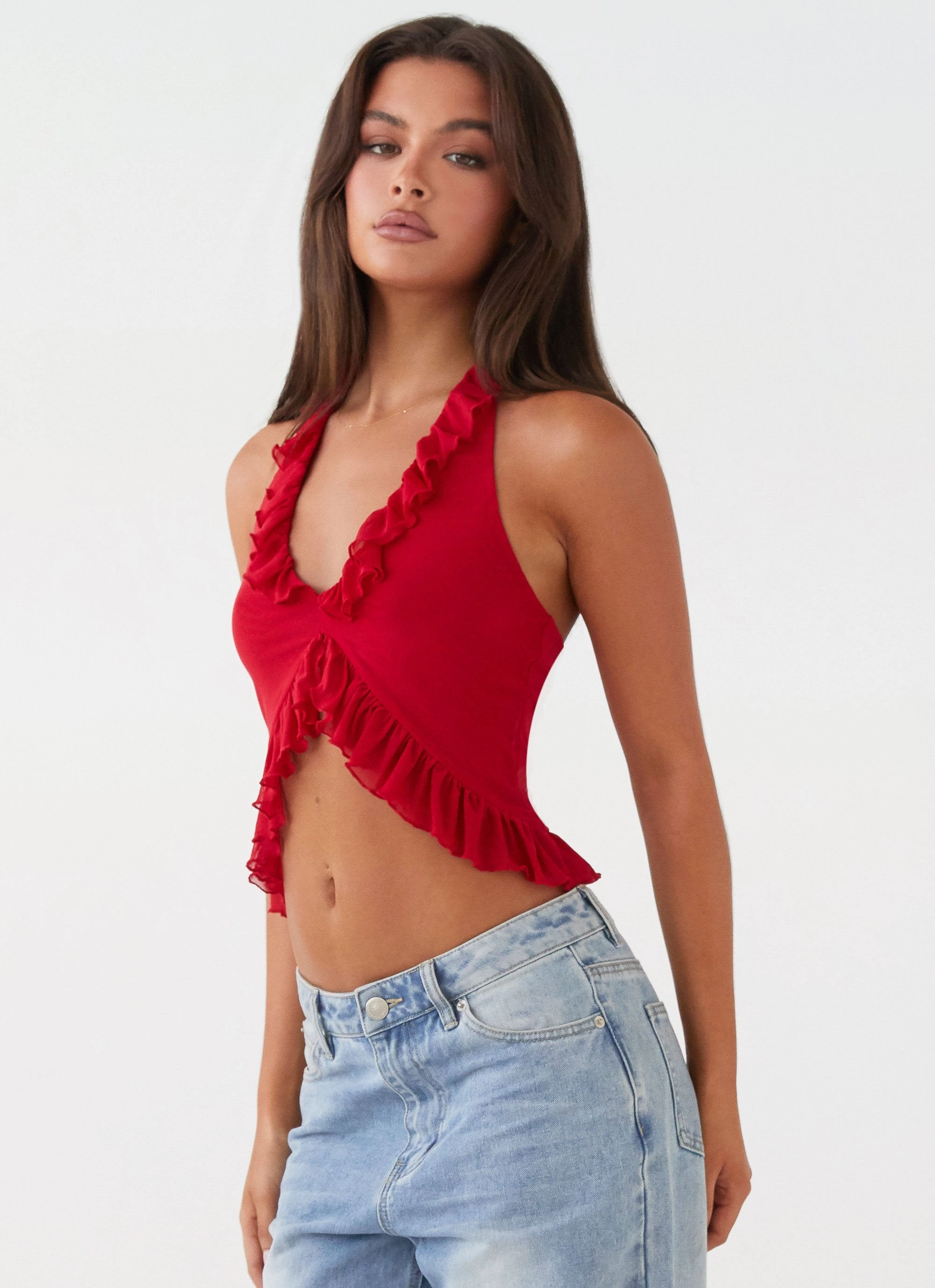 EcoFriendlyBlend FlatlockStitching Tanya Mesh Frill Top - Red