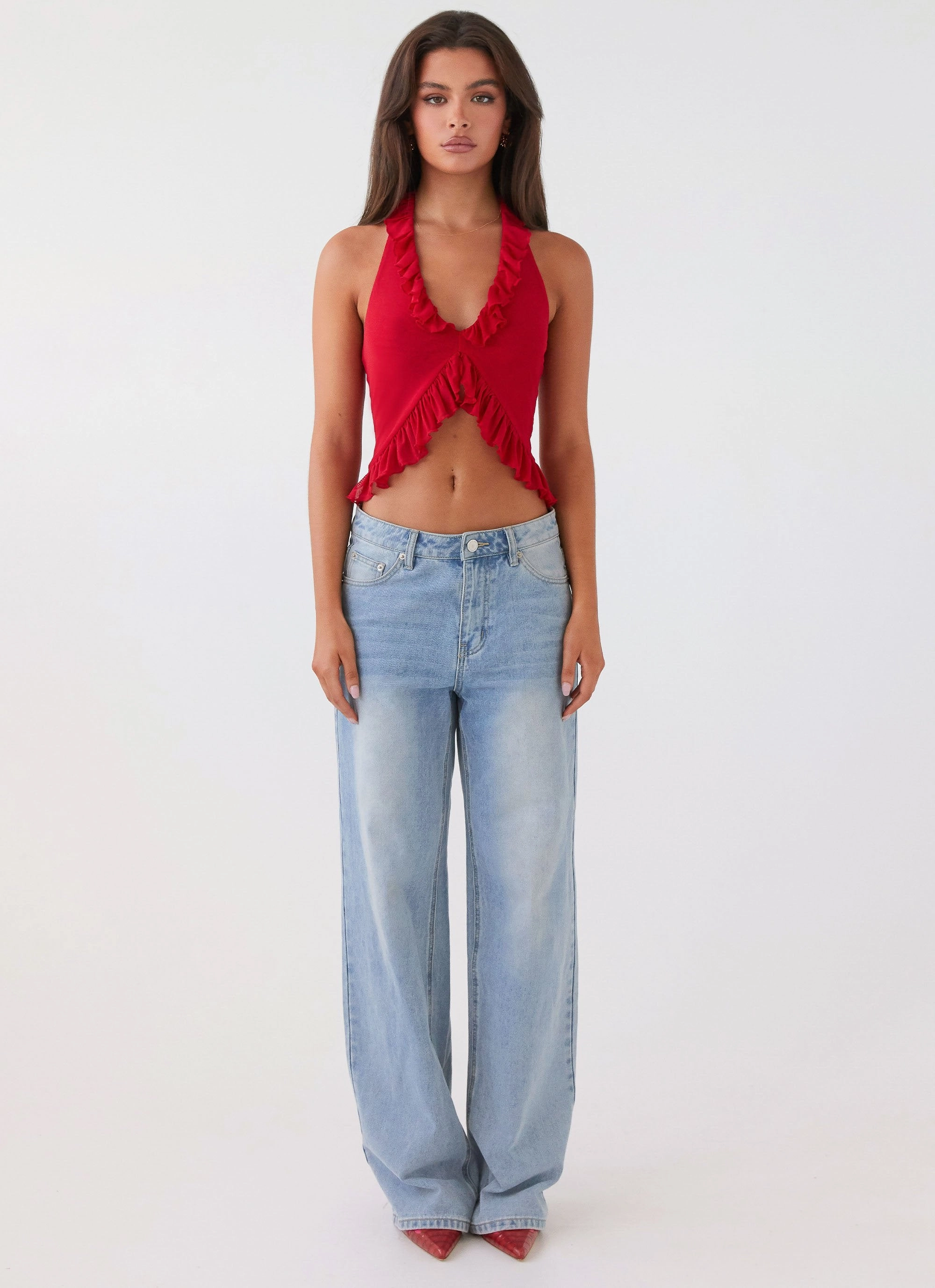 Tanya Mesh Frill Top - Red Warm Fabric Cool Weather