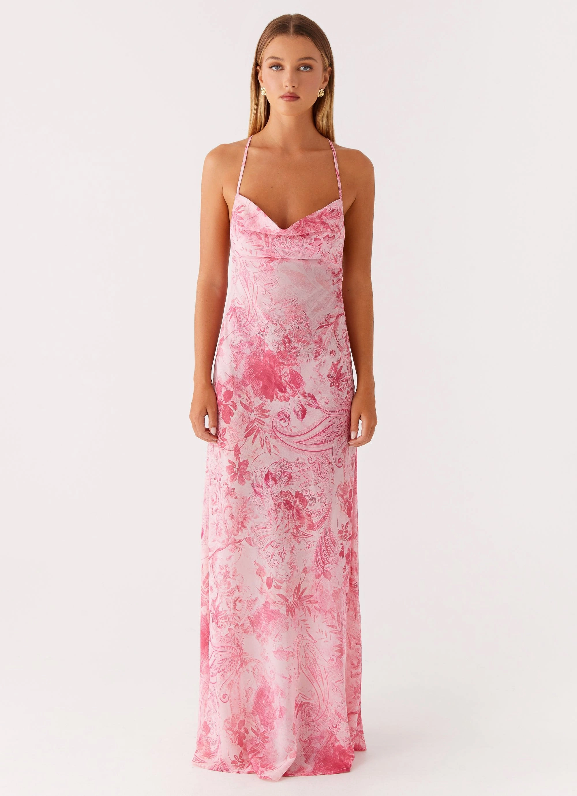 Tara Maxi Dress - Pink Print Mesh-Detail