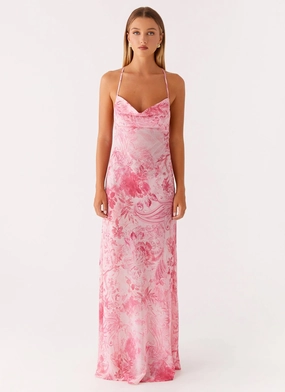 Tara Maxi Dress - Pink Print Mesh-Detail