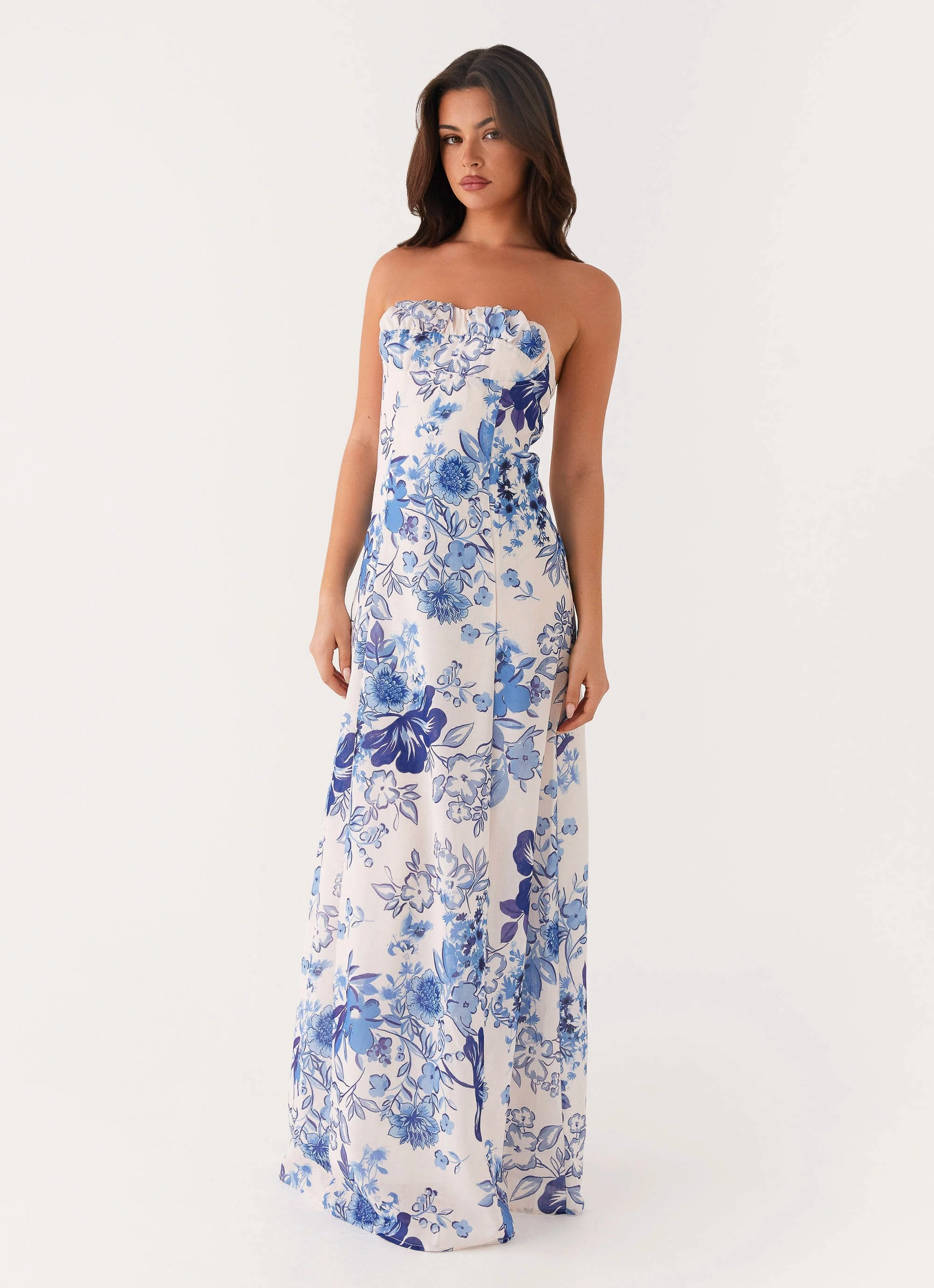 Tayla Linen Maxi Dress - Serene Sky Floral Layered Wear Moment Glow