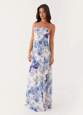 Tayla Linen Maxi Dress - Serene Sky Floral Layered Wear Moment Glow
