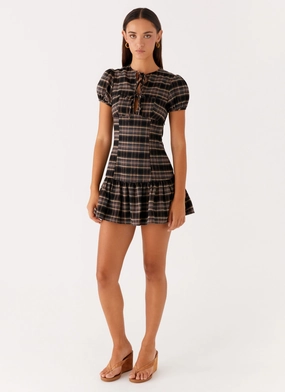 Subtle Texture Taylor Keyhole Mini Dress - Brown Check