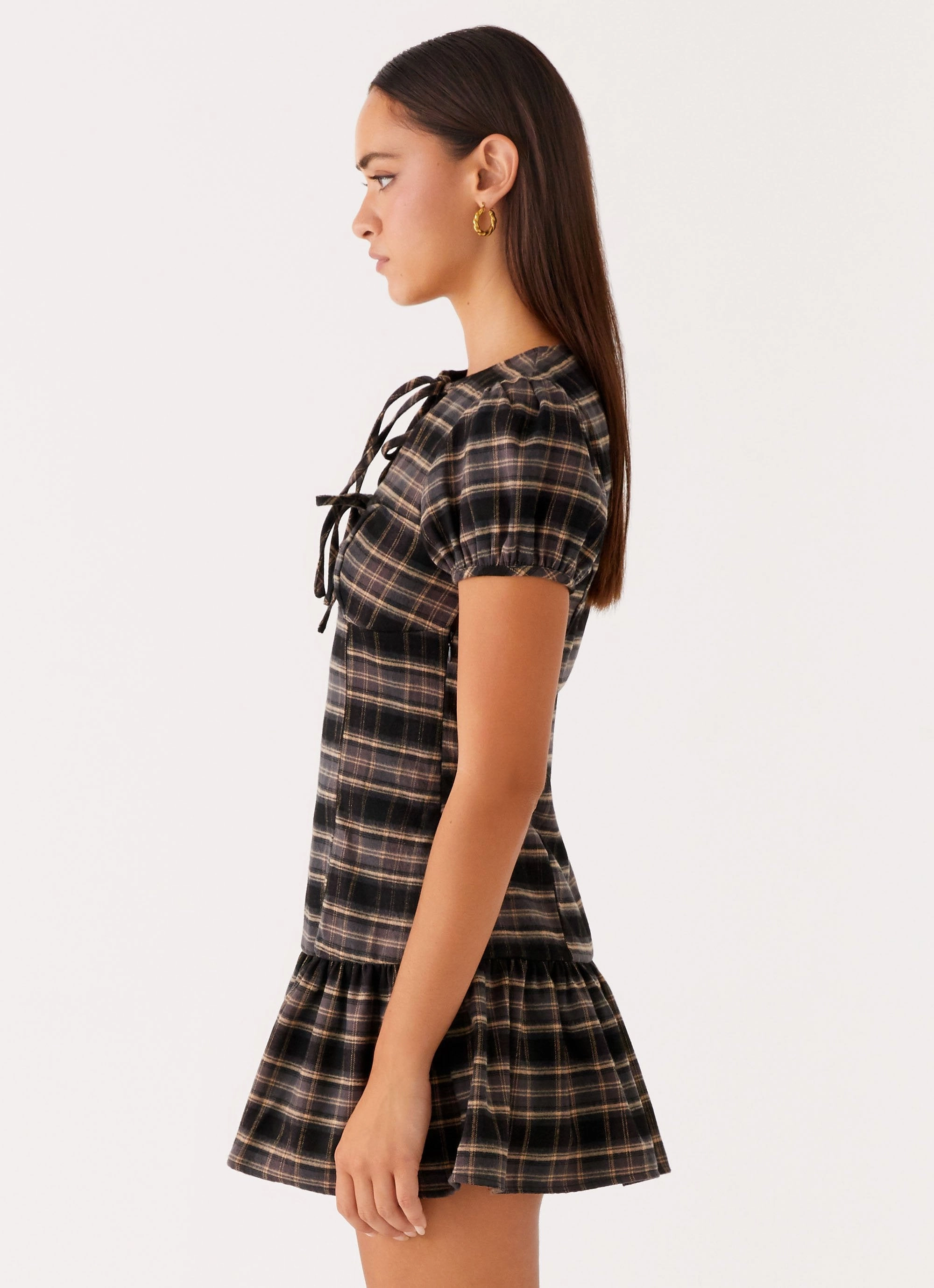 Taylor Keyhole Mini Dress - Brown Check Calm Shine