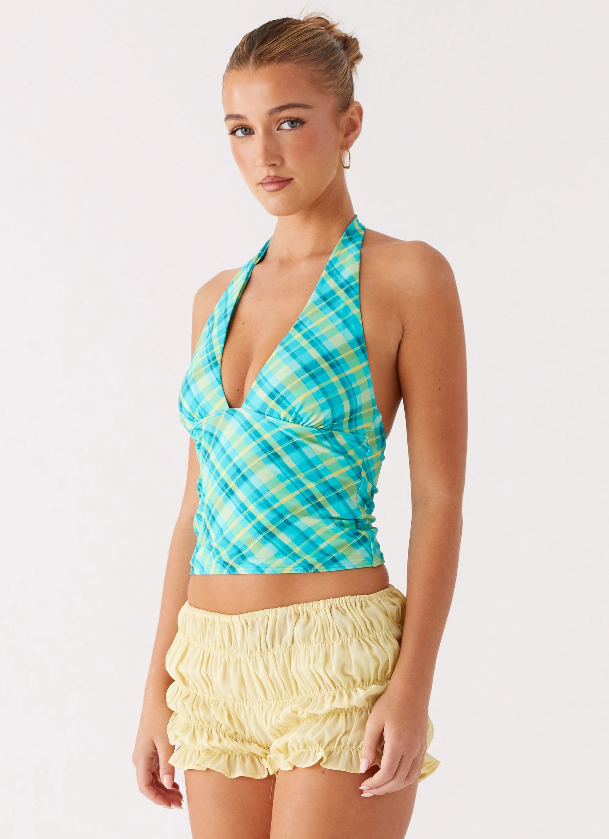 Fade Resistant Finish AbrasionResistant Fabric Jetsetter Halter Top - Green Check