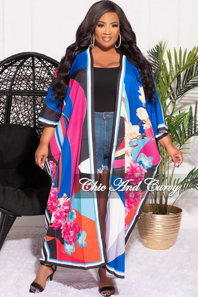 Daywear Comfort Layer Wear Final Sale Plus Size Caftan in Royal Blue Multi Color Floral Print
