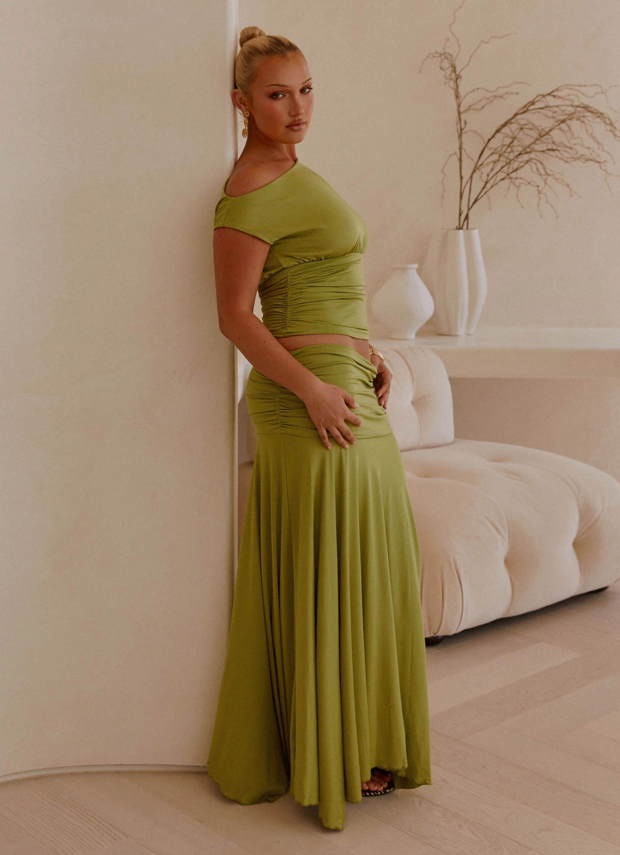 Relax Fit Design Cozy Waist Liana Ruched Maxi Skirt - Green