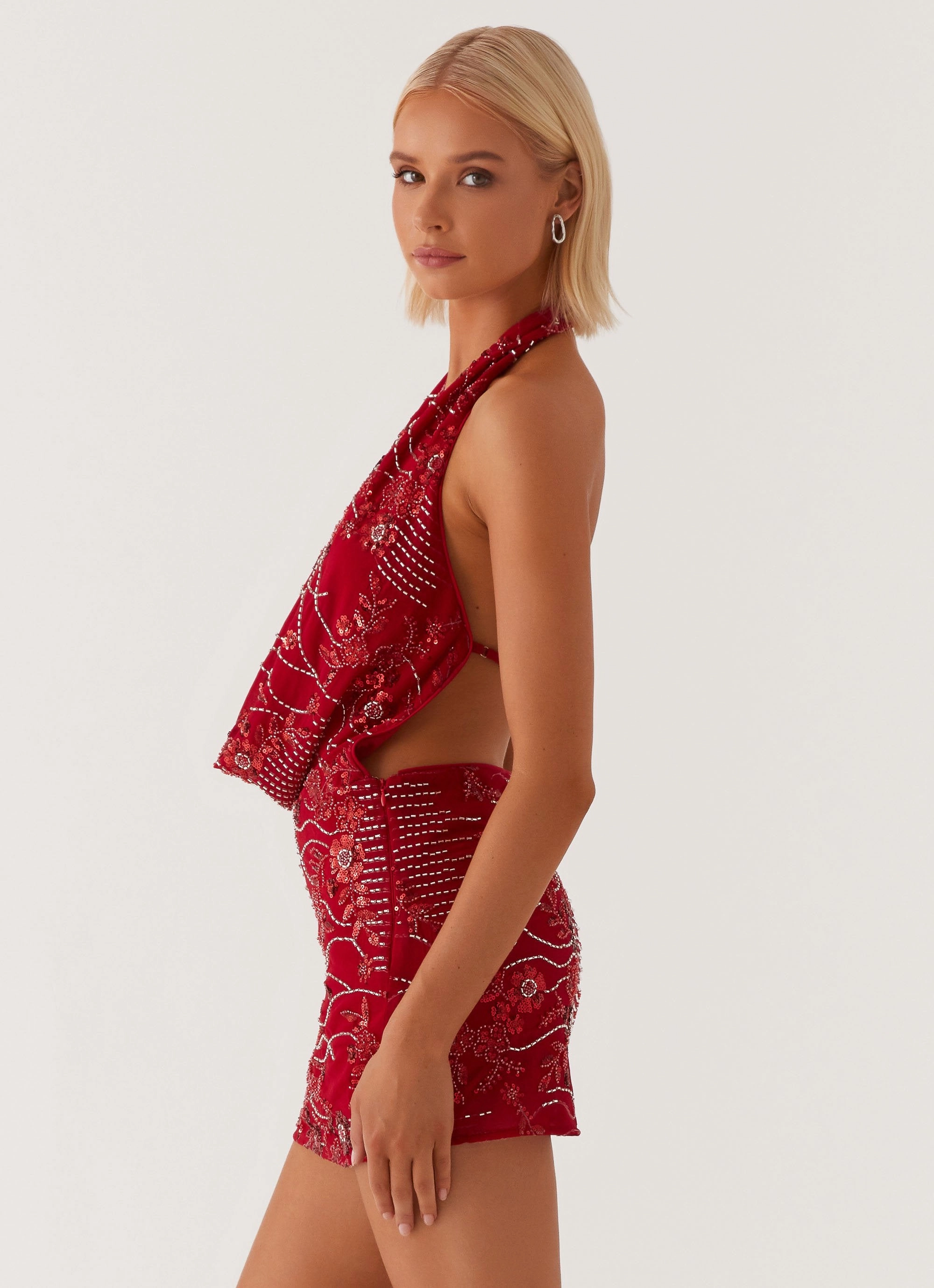 Olisa Cowl Neck Beaded Mini Dress - Red Comfy Style