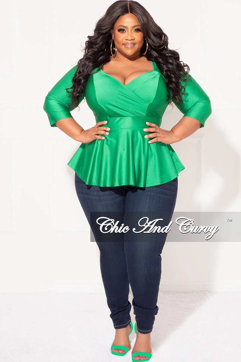 Office Appropriate Low Profile Final Sale Plus Size Faux Wrap Shiny Peplum Top in Green