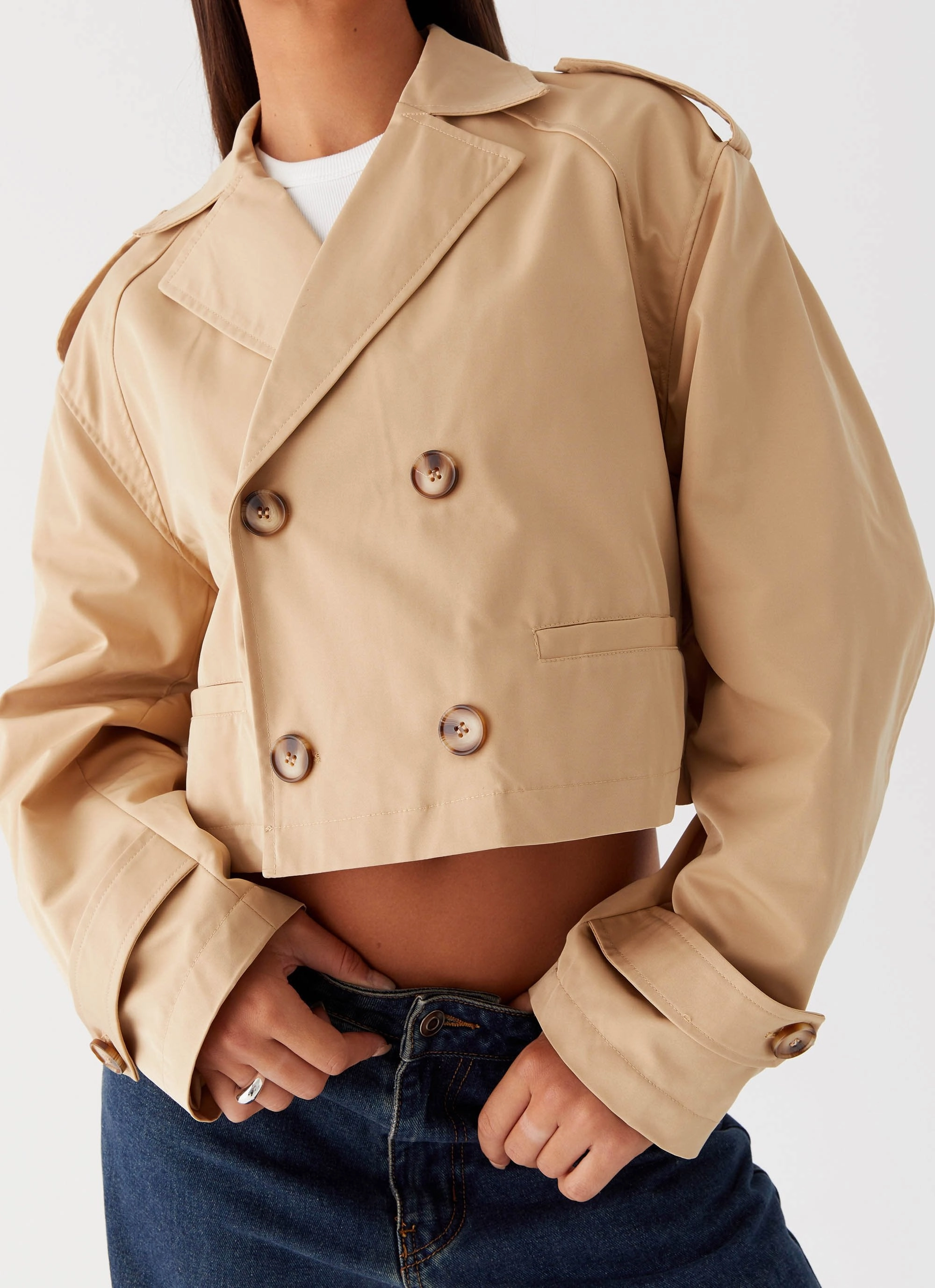 Teddie Cropped Trench Coat - Camel Heat Retention Functional Zip Detail