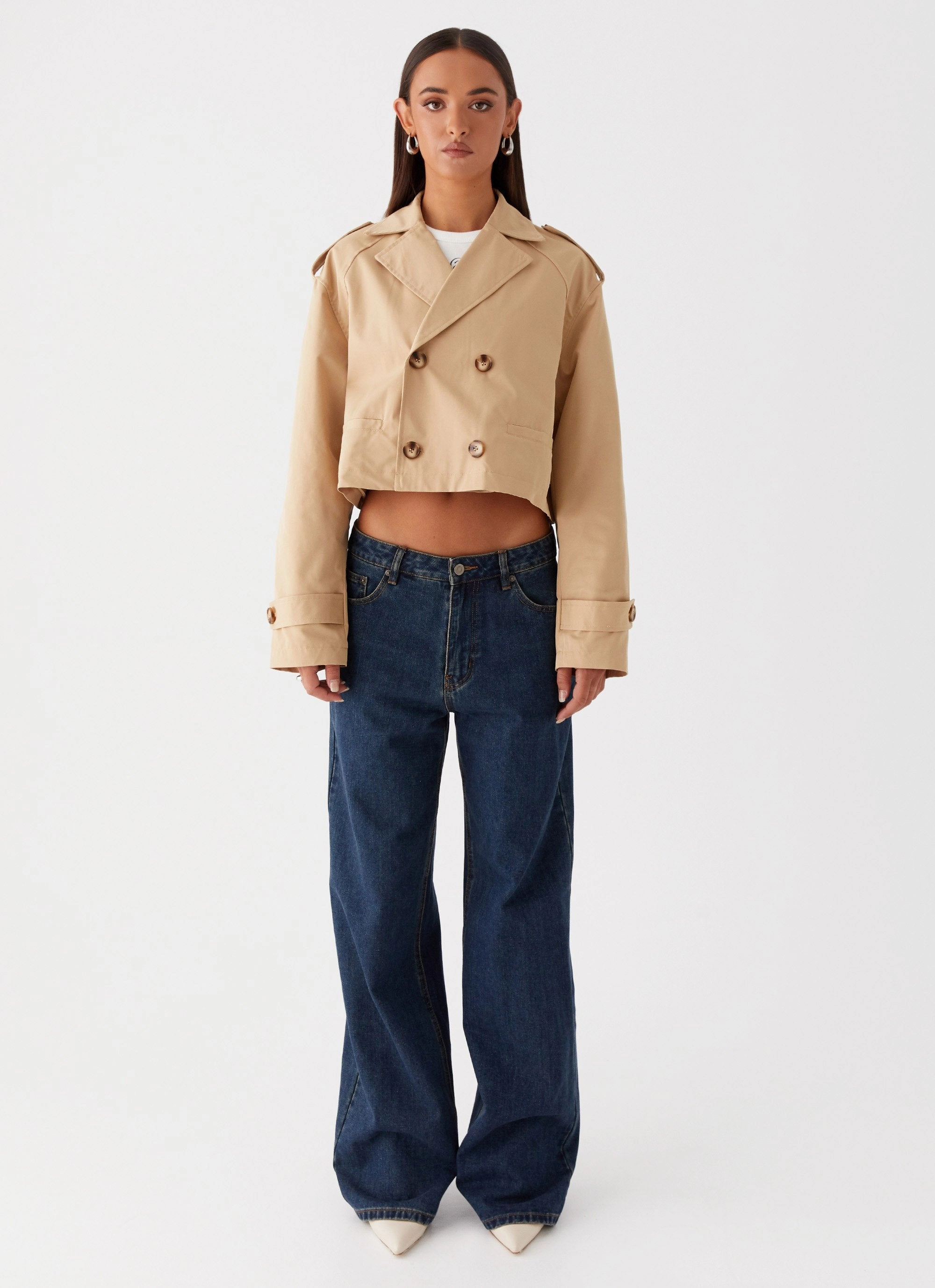 Airy Cloth simple design Teddie Cropped Trench Coat - Camel