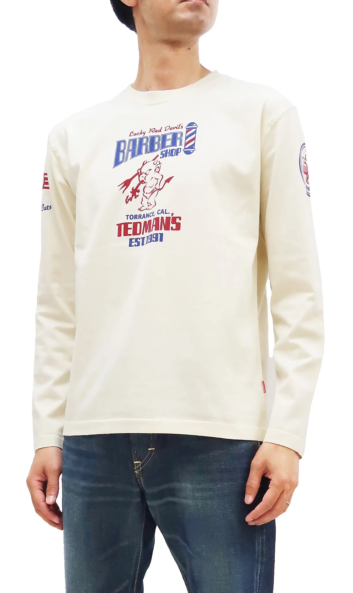 Tedman T-Shirt Men's Lucky Devil Barbershop Graphic Long Sleeve Tee Efu-Shokai TDLS-352 Off-White