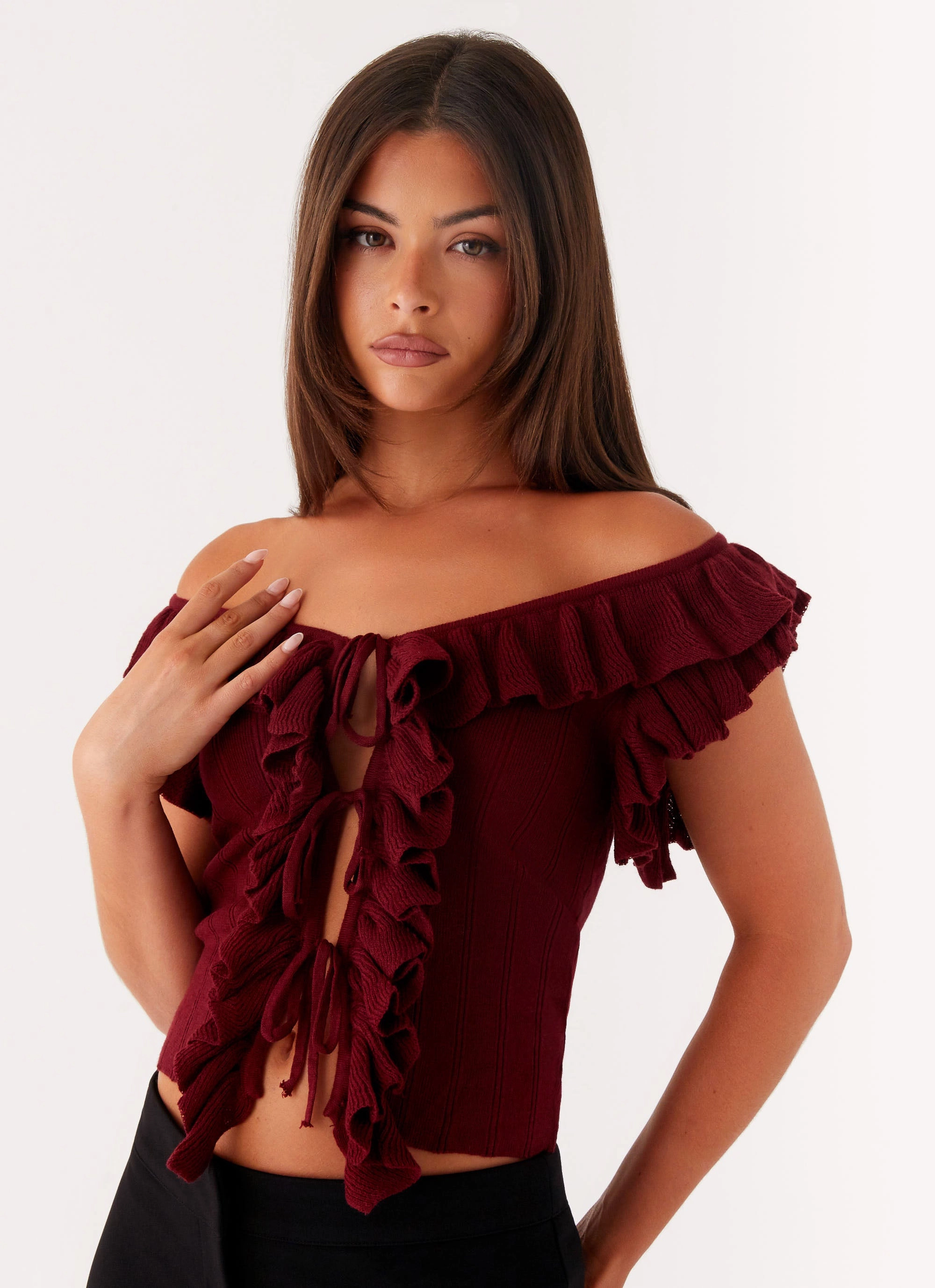 Keeta Frill Top - Burgundy OdorResistantTreatment FourWayStretch