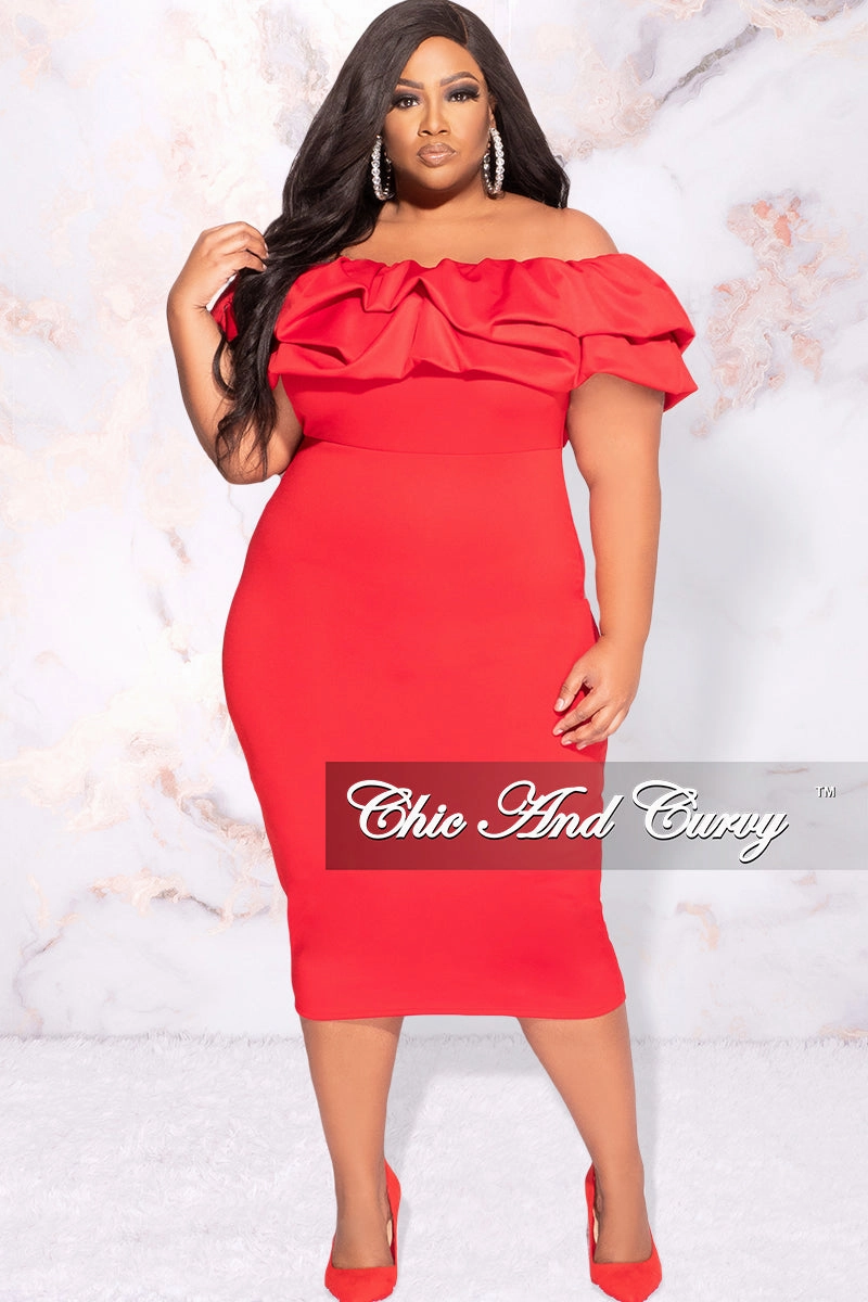 MicroPerforated Details Odor Control Finish Final Sale Plus Size Off the Shoulder Ruffle BodyCon Dress in Red