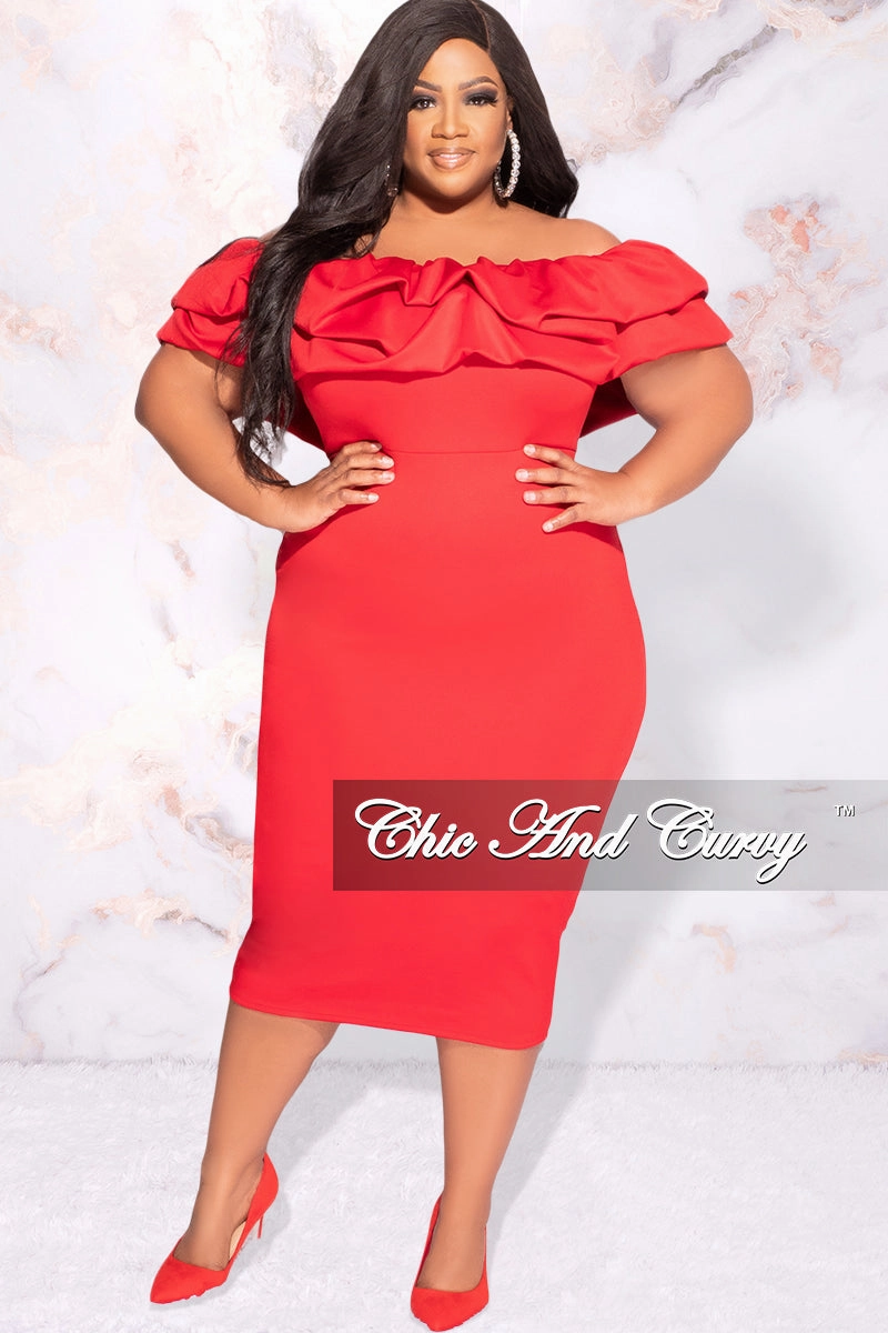 HygienicCoating Compact TravelFriendly Design Final Sale Plus Size Off the Shoulder Ruffle BodyCon Dress in Red