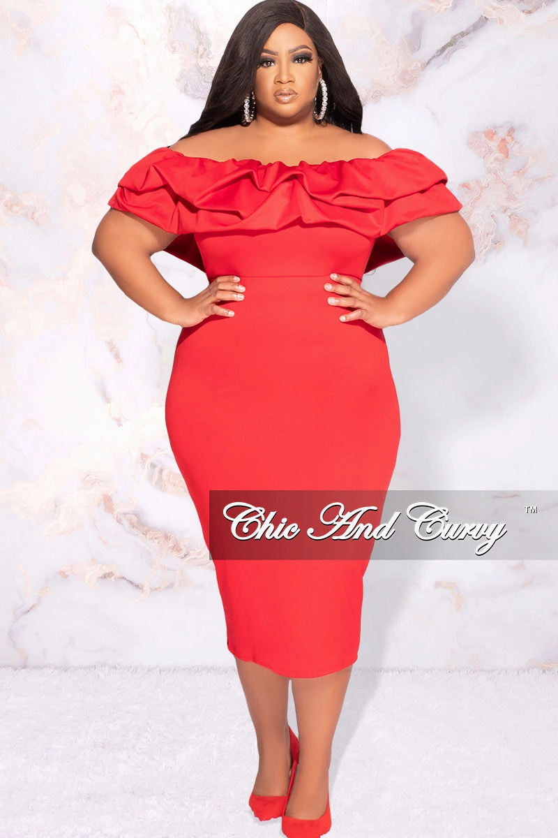 Low Profile Waistband Integration Final Sale Plus Size Off the Shoulder Ruffle BodyCon Dress in Red