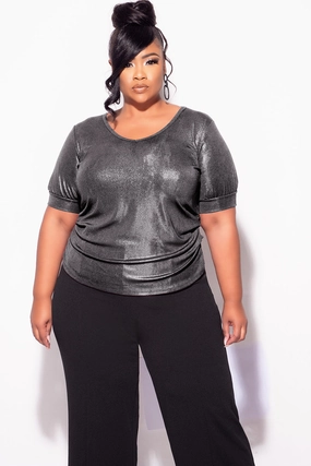 Final Sale Plus Size Top in Metallic Grey Bold Design