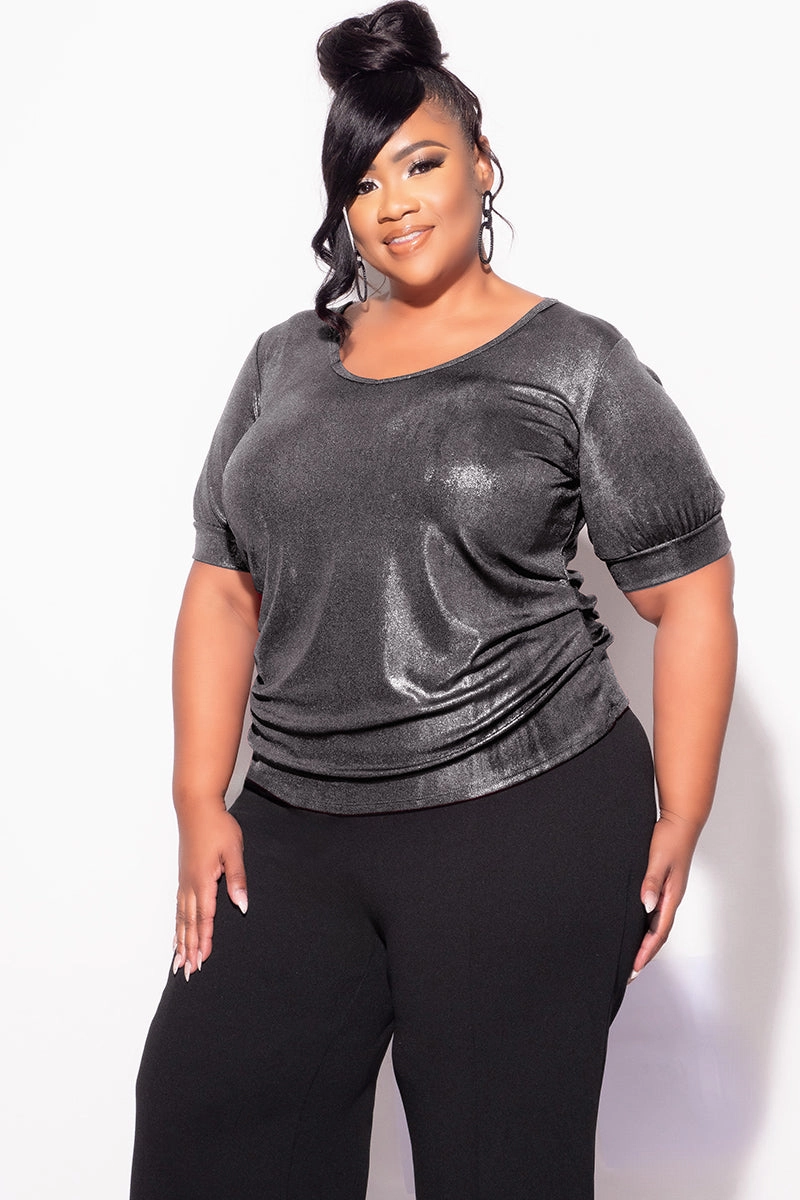 Raglan Sleeve Built In Odor Control Final Sale Plus Size Top in Metallic Grey