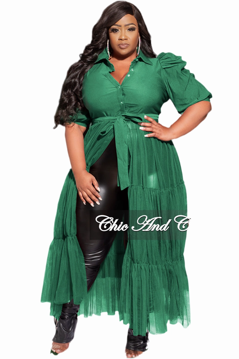 StaticDissipativeFabric Stretching Fit Final Sale Plus Size Puffy Sleeve Button Up Top with Mesh Train in Green