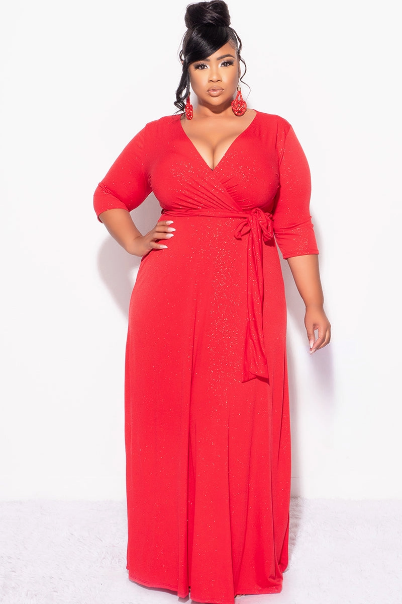 Final Sale Plus Size Faux Wrap Glitter Dress in Red Microfiber Blended Fabric