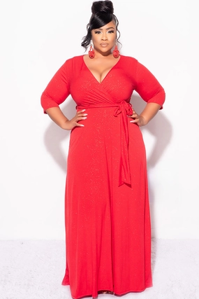 Ventilated Side Panels Soft Cotton Final Sale Plus Size Faux Wrap Glitter Dress in Red