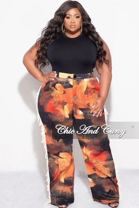 Final Sale Plus Size Long Pants with Beige Fringes On The Side in Orange- Grunge Paint G113 Adventure Ready