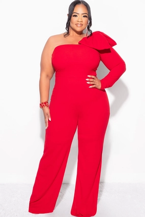 Final Sale Plus Size One Shoulder Long Sleeve Jumpsuit with Bow in Red Reflective Accent Trim Ultra Soft Handfeel