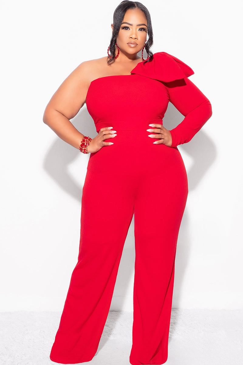 Final Sale Plus Size One Shoulder Long Sleeve Jumpsuit with Bow in Red Summer Blouse wrinkle free finish