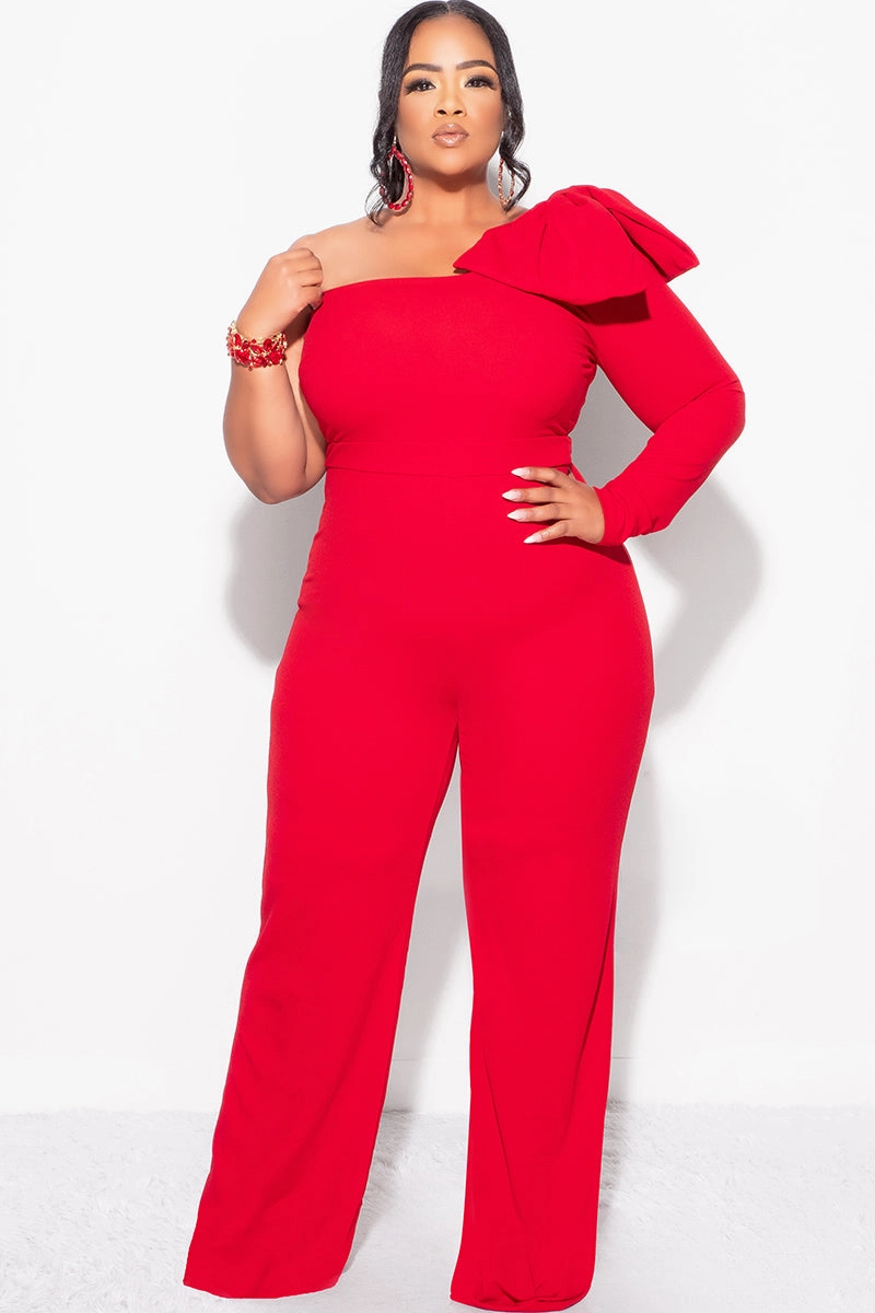 SeamlessConstruction LayeredPanel Final Sale Plus Size One Shoulder Long Sleeve Jumpsuit with Bow in Red