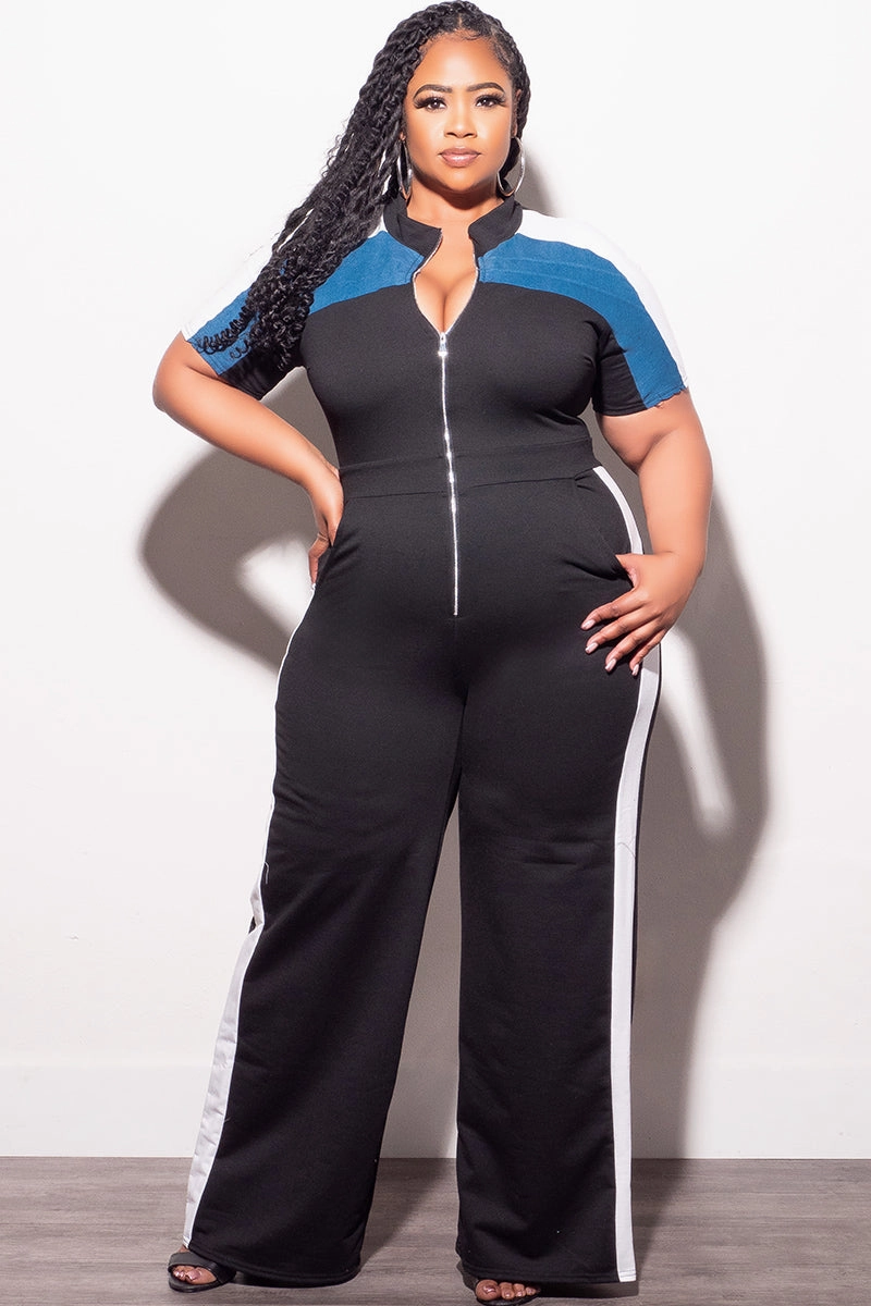 Sporty Cut Unrestricted Movement Final Sale Plus Size Colorblock Zip Up Jumpsuit in Black Denim and White