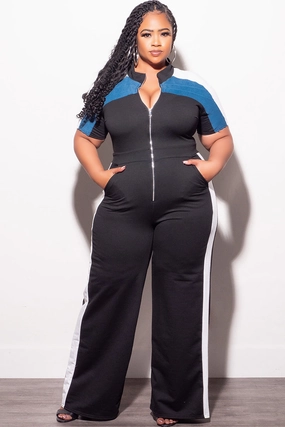 Office Wear Final Sale Plus Size Colorblock Zip Up Jumpsuit in Black Denim and White