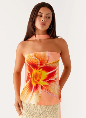 Blaise Scarf Top - Orange Floral FlexibleRibbing ButtonDownCollar