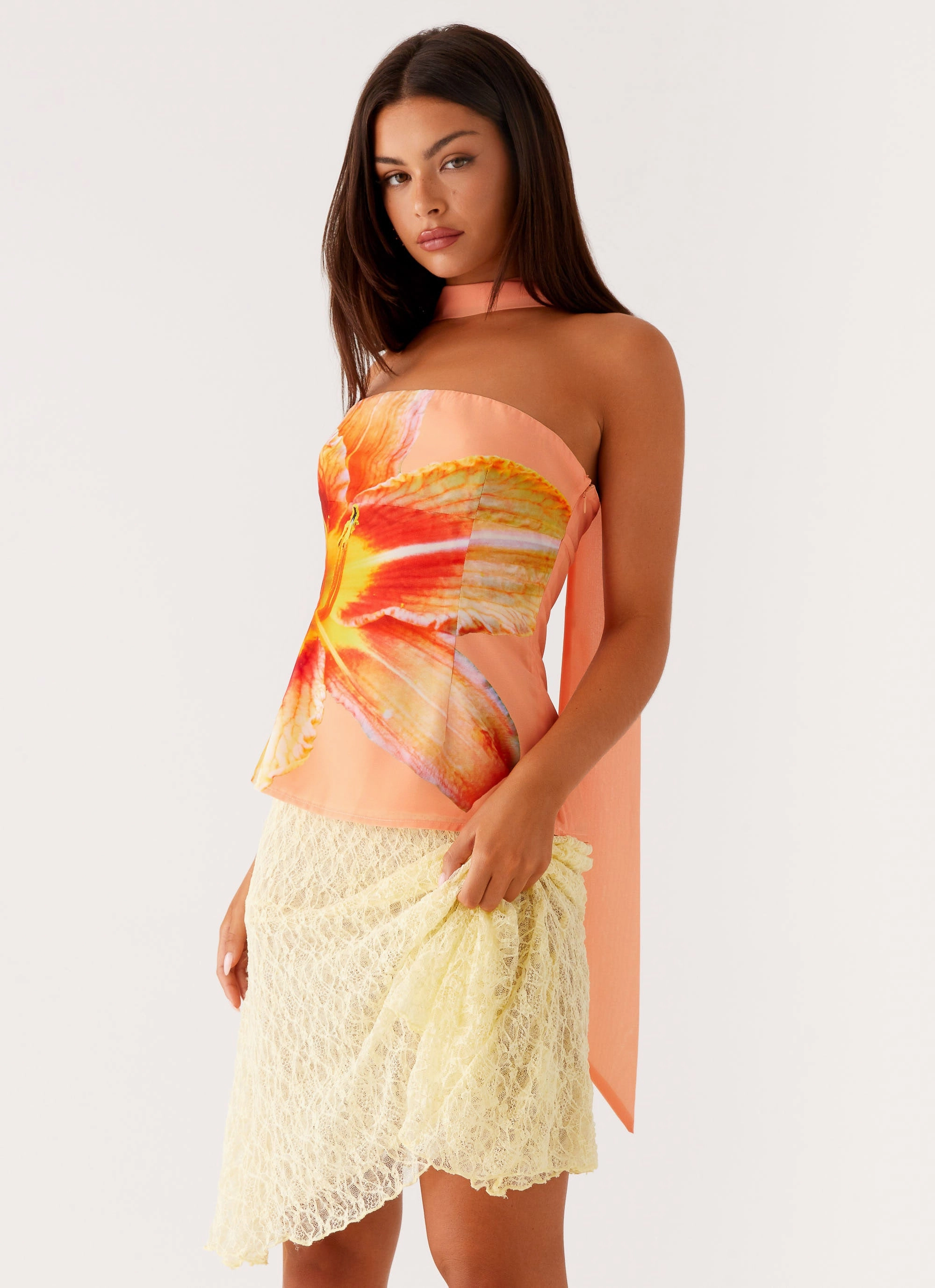 Blaise Scarf Top - Orange Floral RibbedHemline AntiPilling