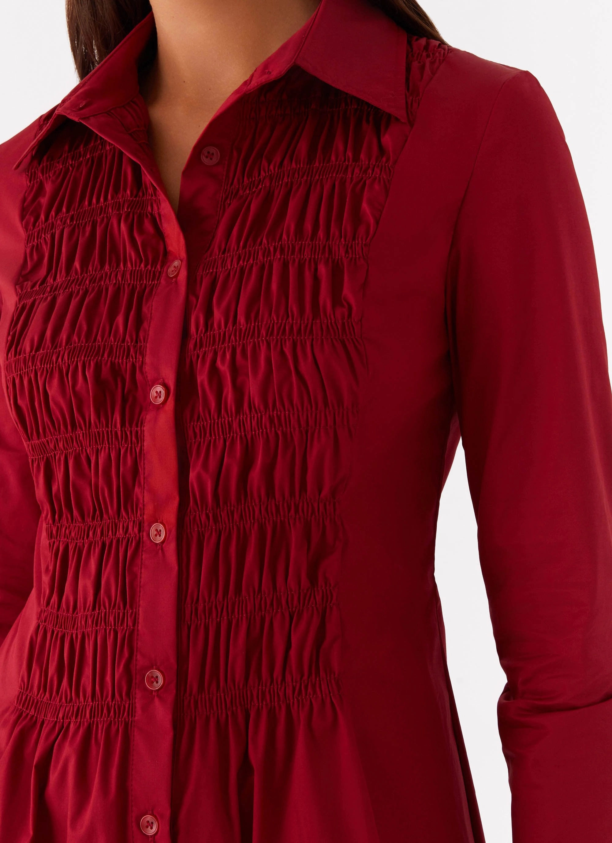 Tessie Shirred Shirt Dress - Rhubarb Work Fitwear Relax Style