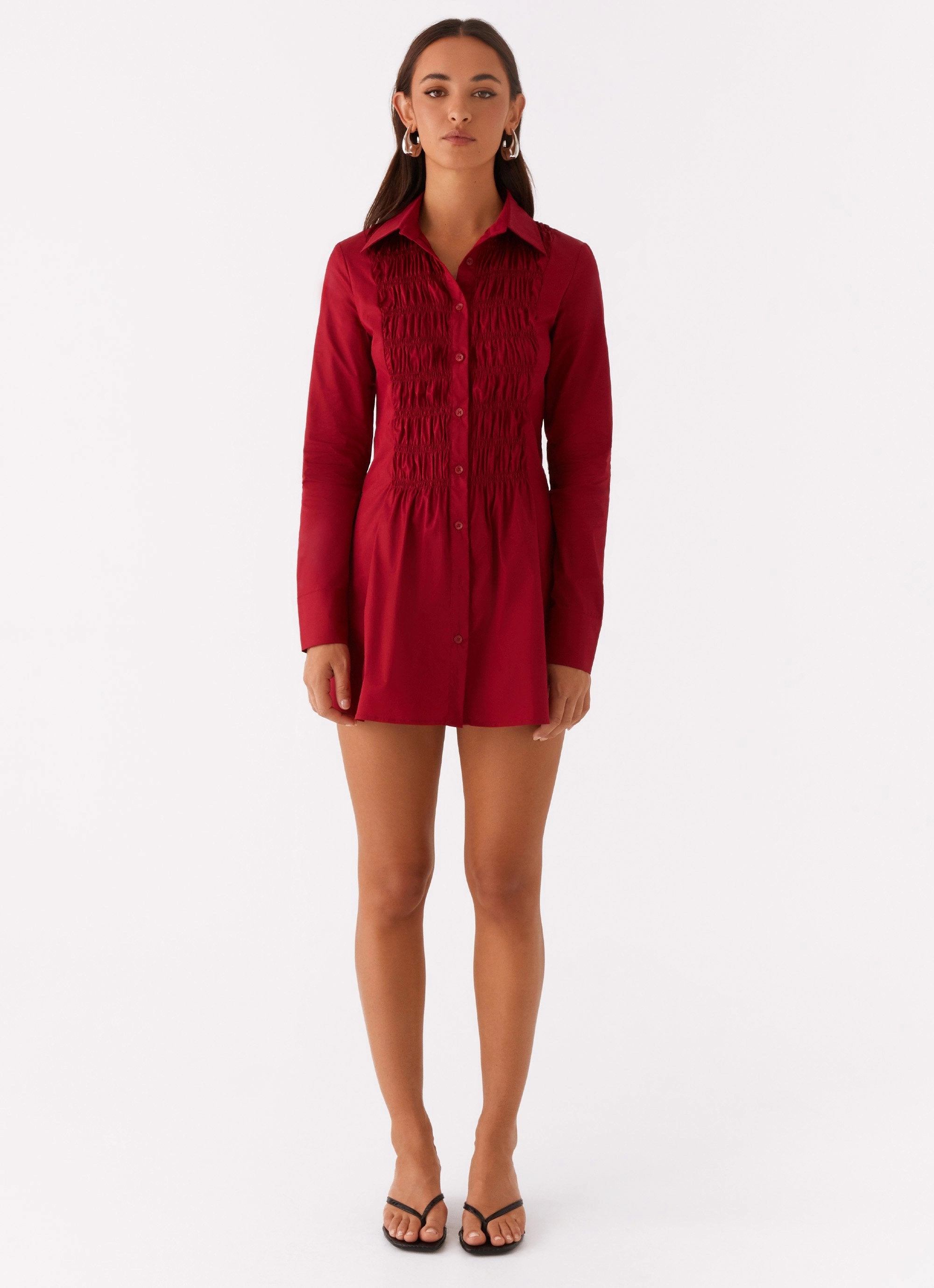 Elegant Outline Tessie Shirred Shirt Dress - Rhubarb