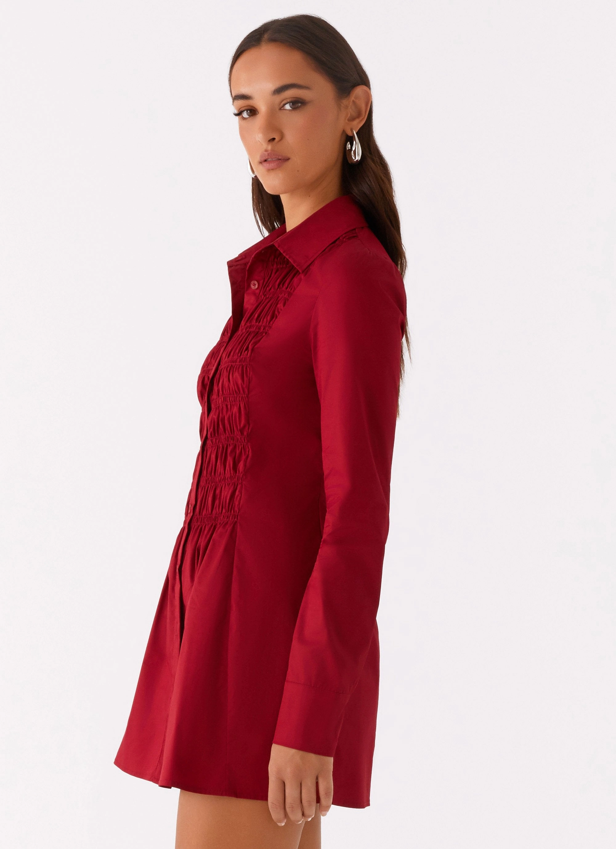TemperatureRegulatingFabric Vibrant Look Tessie Shirred Shirt Dress - Rhubarb