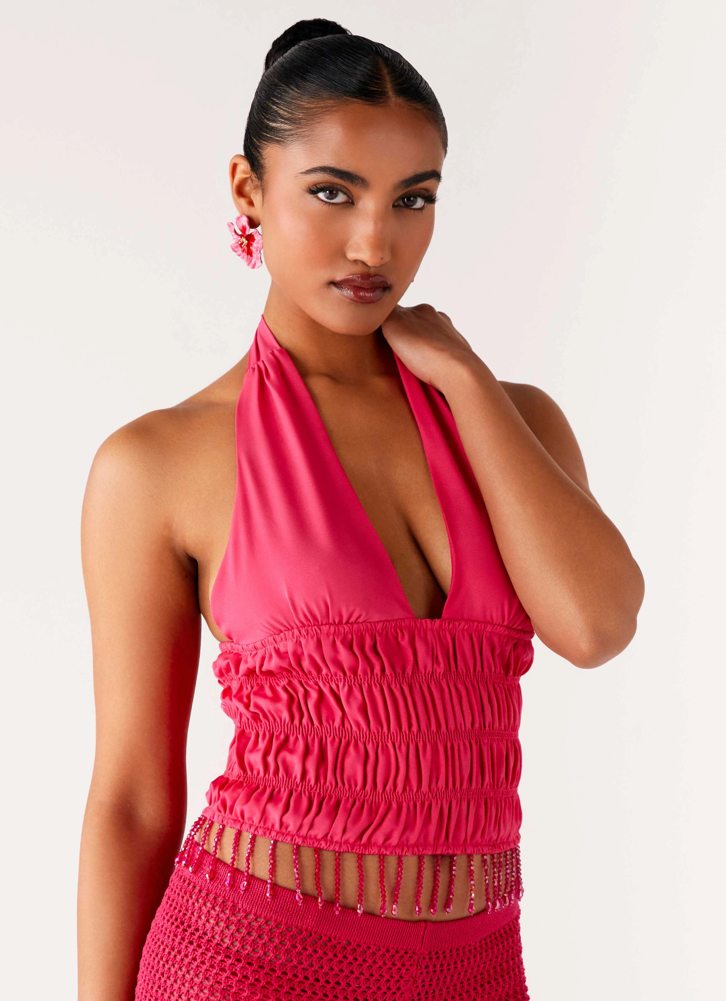Teuila Beaded Top - Fuchsia Button Down Collar ComfortStretch