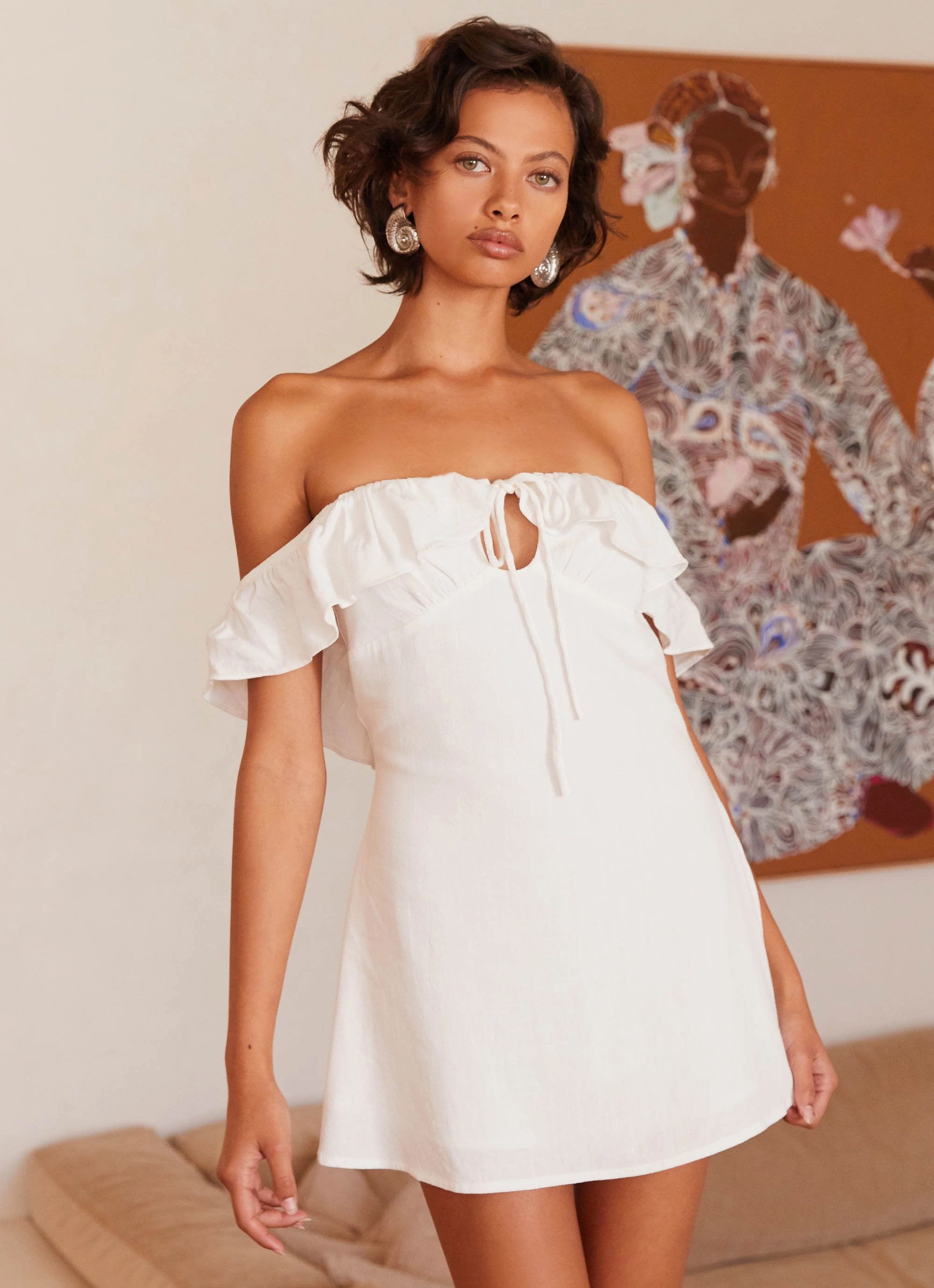 Texas Sun Linen Mini Dress - White Beadwork