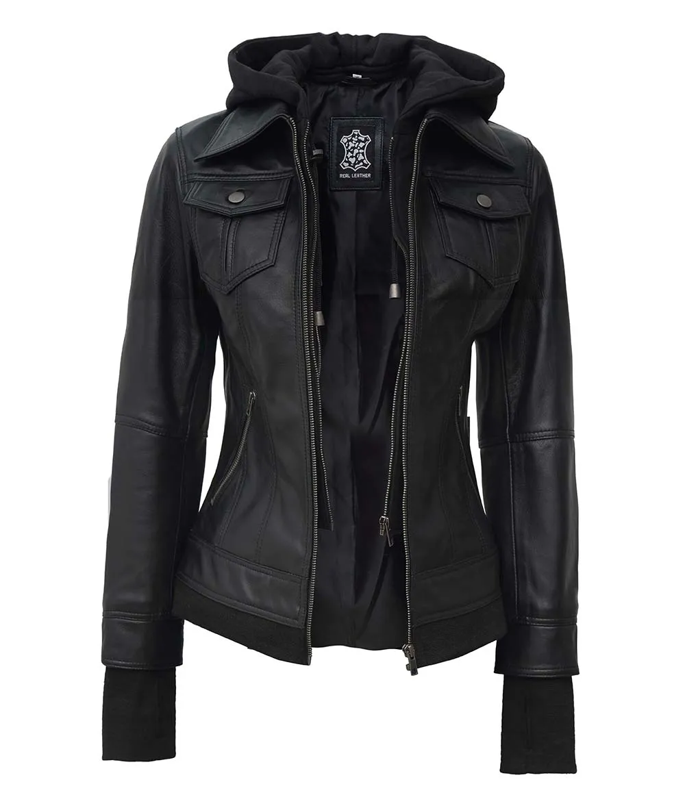 The Céleste Black Bomber Jacket With Removable Hood