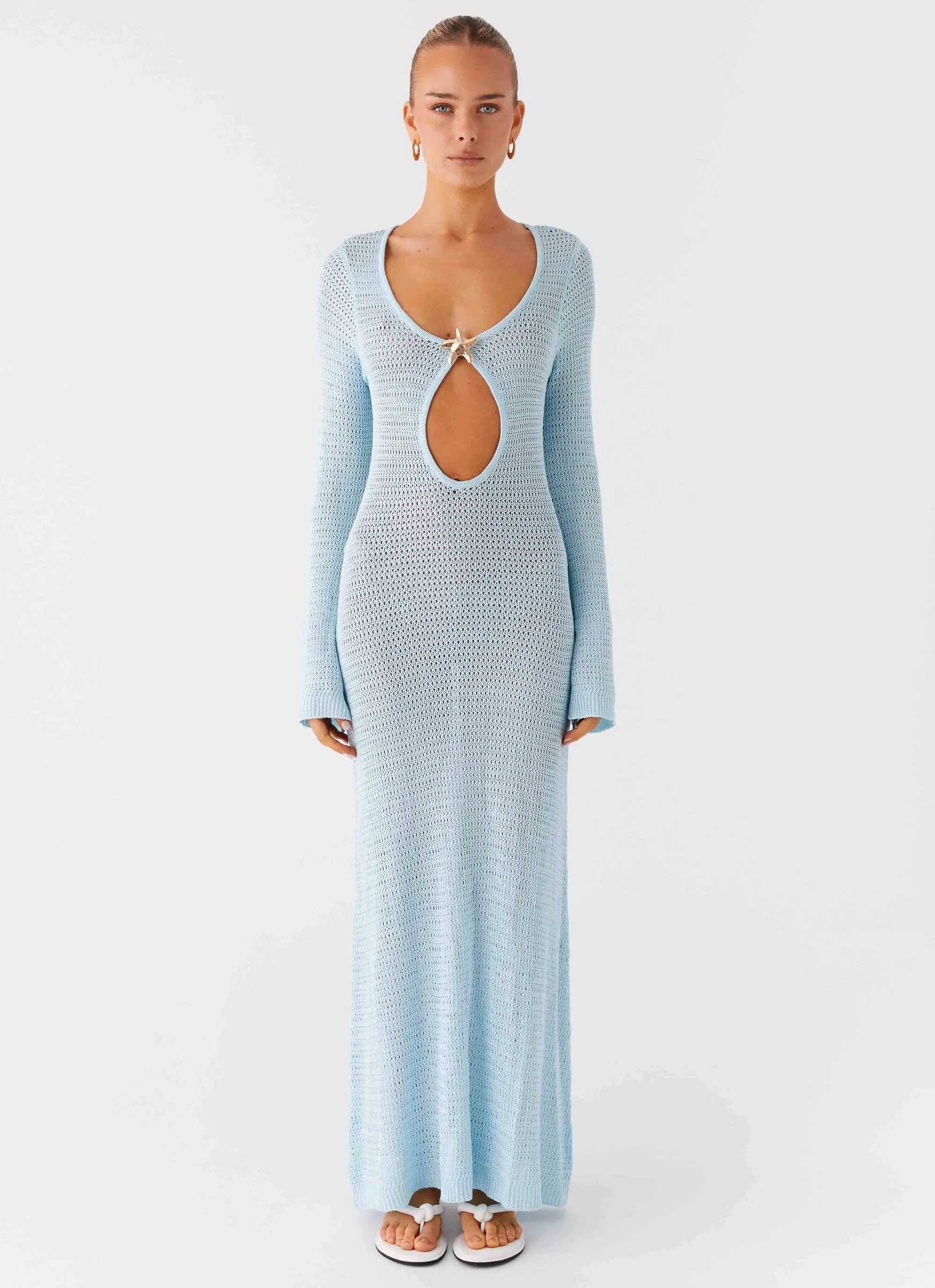 Bold Pattern Trendy Piece Seascape Chochet Maxi Dress - Blue